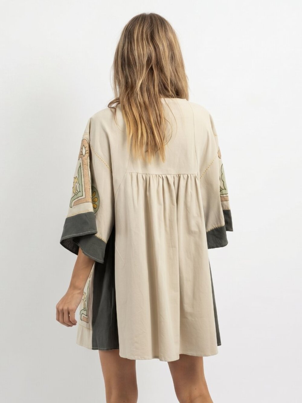 Women's Vintage Embroidered Babydoll Dress Oversized V Neck Boho Tunic Mini - Picture 2 of 8